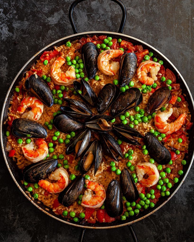 Chicken, chorizo and seafood paella