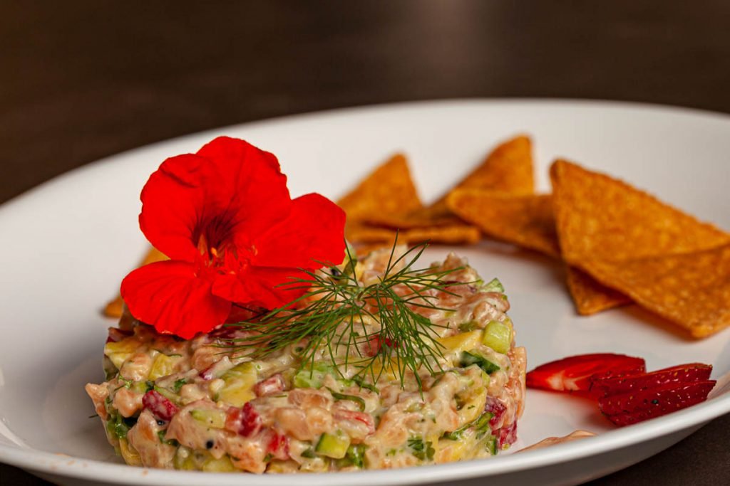 Salmon Tartare with avocado and strawberries